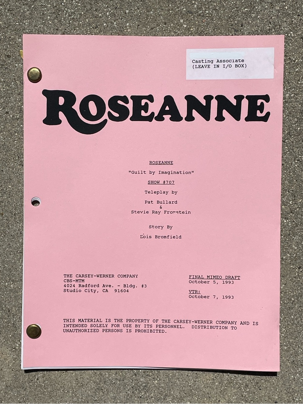 Roseanne Vtg 1993 Production Used Final Mimeo Draft Script Guilt By Imagination View 2